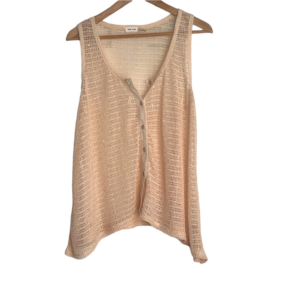 Blue Bird knit tank top fairy flecks of gold sequins size Large 100% Cotton